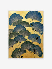 Illustrative ginkgo leaf botanical print in blue and green on a textured golden background, portrait orientation