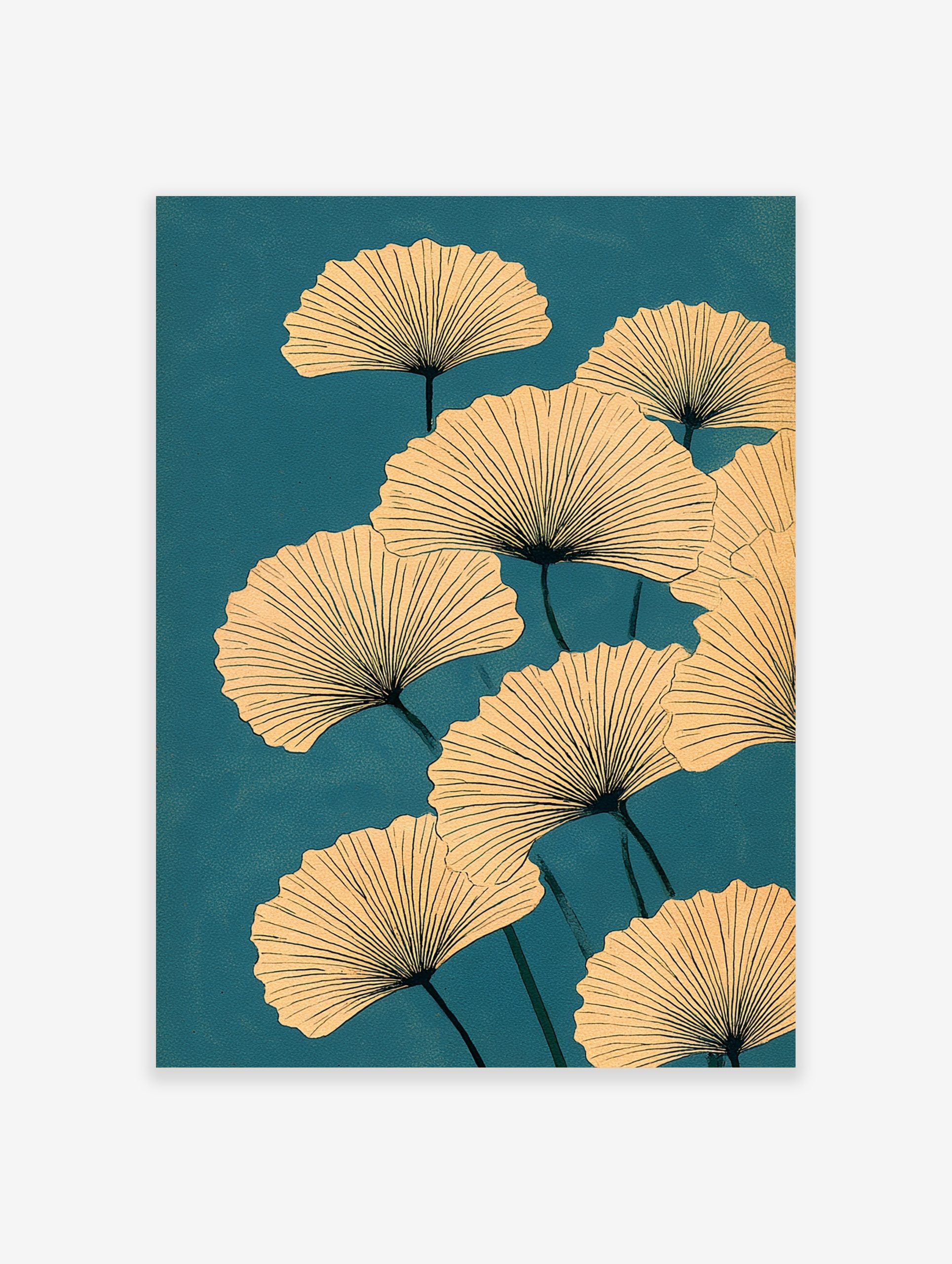 Ginkgo leaf botanical illustration with beige fan-shaped leaves and dark veins on a teal background