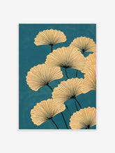 Ginkgo leaf botanical illustration with beige fan-shaped leaves and dark veins on a teal background