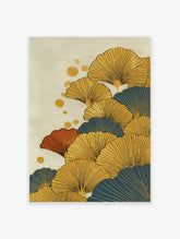 Stylized ginkgo leaf wall art in gold, teal, and orange on a textured beige background with gold dots.
