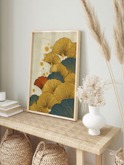 Stylized ginkgo leaf wall art in gold, teal, and orange on a textured beige background with gold dots. - Image 3
