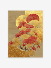 Ginkgo Leaf Wall Art print featuring stylized gold and red ginkgo leaves on a textured golden background in an Asian art style.