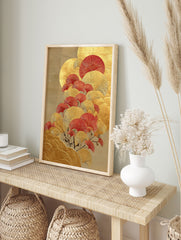 Ginkgo Leaf Wall Art print featuring stylized gold and red ginkgo leaves on a textured golden background in an Asian art style. - Image 3