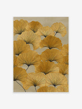 Golden yellow ginkgo leaf botanical wall art print with dark veins on a light beige background, filling the entire frame.
