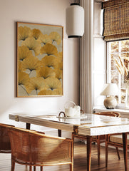 Golden yellow ginkgo leaf botanical wall art print with dark veins on a light beige background, filling the entire frame. - Image 2