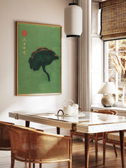 Dark green ginkgo leaf with red accents, Japanese text, and red seal on a green background, in a styled room mockup