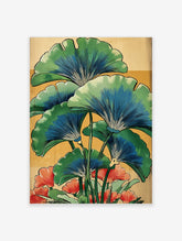 Illustrative botanical print of green and blue ginkgo leaves with red-orange flowers on a warm yellow background