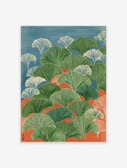 Illustrative ginkgo leaves in green and white against blue and orange background, in portrait orientation