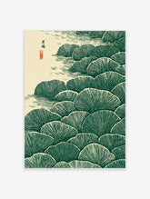 Stylised dark green ginkgo leaves in layers with beige water ripples and Japanese calligraphy art print