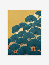 Stylised teal ginkgo leaves wall art with black veins and golden stems, layered over cream and peach mist on a gold
