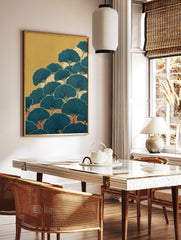 Stylised teal ginkgo leaves wall art with black veins and golden stems, layered over cream and, in a styled room mockup