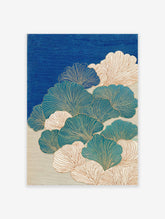 Japanese ginkgo wall art print with blue, teal, and cream leaves outlined in gold on a textured blue background.