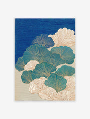 Japanese ginkgo wall art print with blue, teal, and cream leaves outlined in gold on a textured blue background.