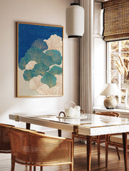 Japanese ginkgo wall art print with blue, teal, and cream leaves outlined in gold on a textured blue background. - Image 2