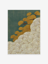Japanese-style ginkgo leaf wall art print with golden leaves and white outlines on a textured deep teal background.