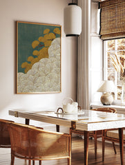 Japanese-style ginkgo leaf wall art print with golden leaves and white outlines on a textured deep teal background. - Image 2