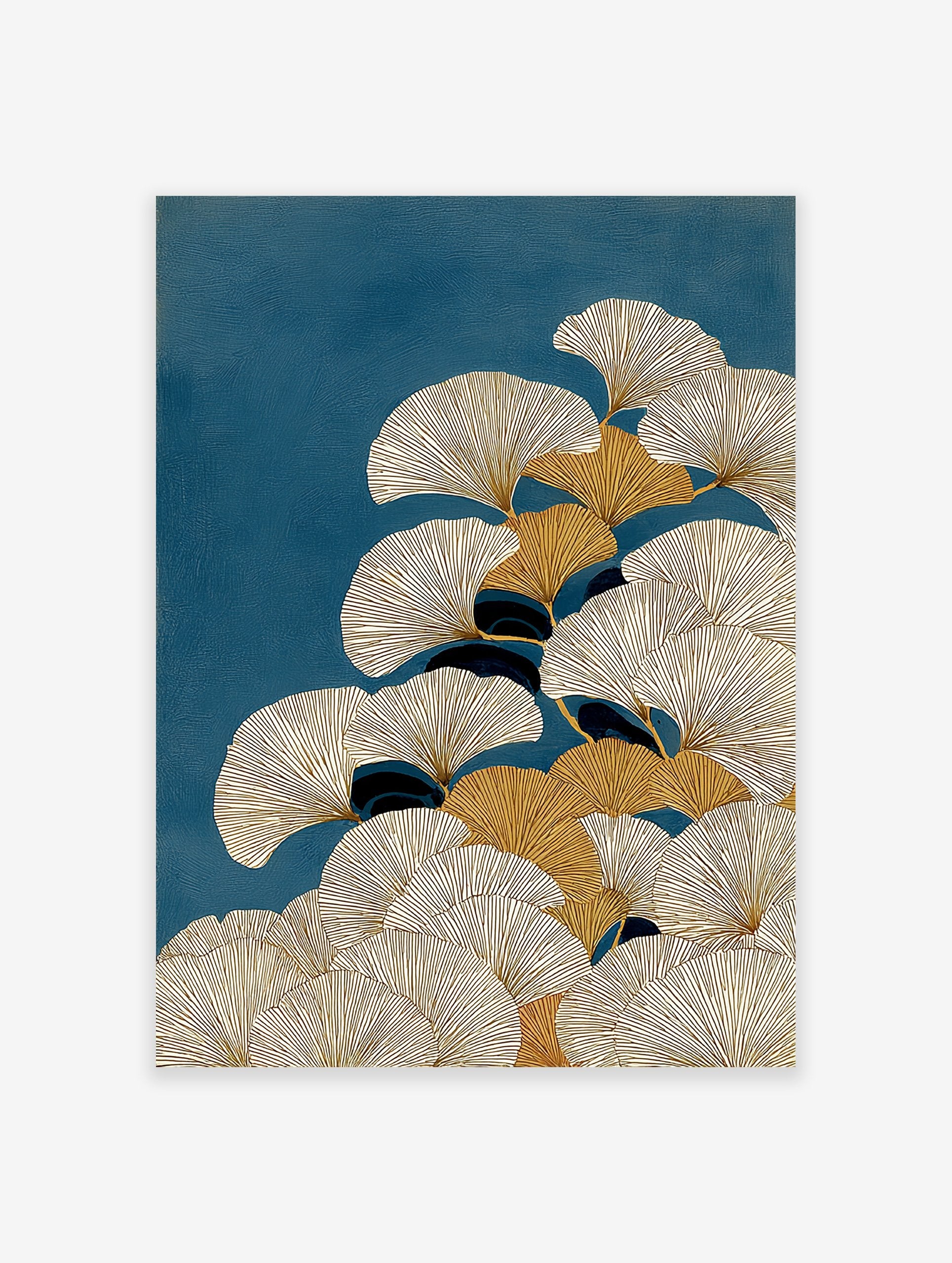 Modern ginkgo wall art print featuring stylized gold and cream ginkgo leaves on a deep teal textured background.
