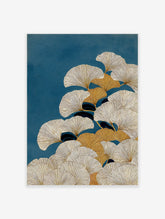 Modern ginkgo wall art print featuring stylized gold and cream ginkgo leaves on a deep teal textured background.