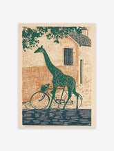 Green giraffe riding a bicycle in front of a rustic brick building, illustration art print, whimsical animal wall decor.