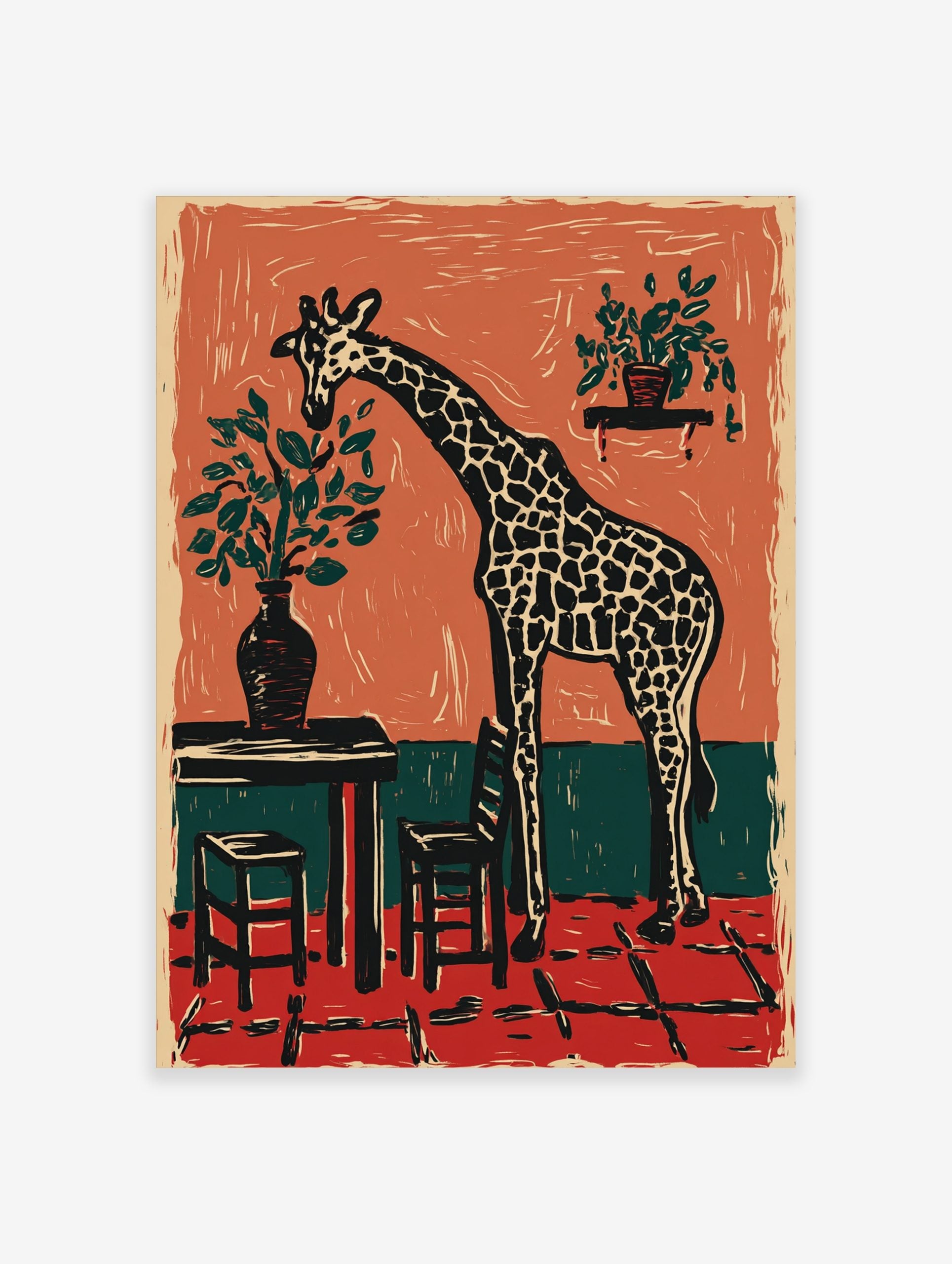 Woodcut style art print of a giraffe bending to eat leaves from a potted plant in a terracotta and green room