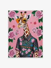 Fashionable giraffe poster wearing sunglasses and a patterned shirt with roses on a pink background.