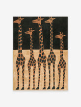 Five giraffes with dark spots on a split black and tan background, giraffe wall art print