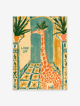 Colourful giraffe art print with leafy crown, teal arch, 'LOOK UP' text, and potted palms