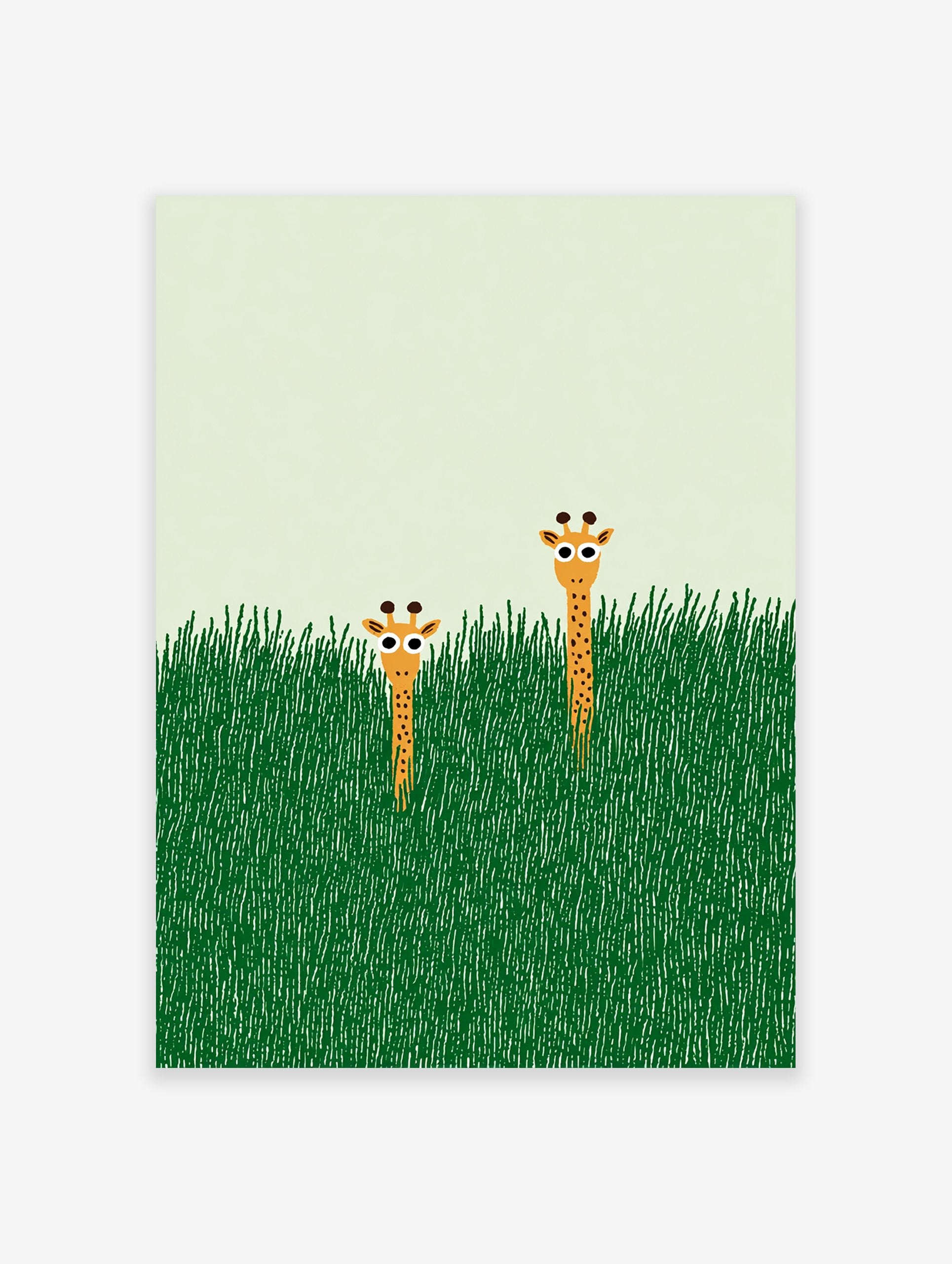 Illustrated giraffe wall art print featuring two giraffes peeking from tall green grass with a light green sky.