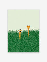 Illustrated giraffe wall art print featuring two giraffes peeking from tall green grass with a light green sky.