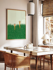 Illustrated giraffe wall art print featuring two giraffes peeking from tall green grass with a light green sky. - Image 2