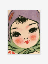 Vintage illustration print of a young girl with a purple headscarf and green collar, expressive eyes and rosy cheeks