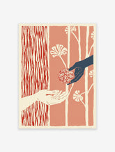 Illustrative Giving Hands Wall Art with one dark hand offering a red patterned sphere to a light hand, against a red botanical background.
