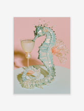 Glass seahorse sipping from a goblet on pink and mint background art print