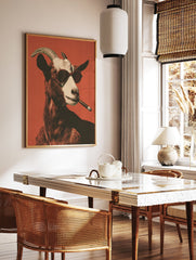 Goat poster featuring a cool goat wearing sunglasses and smoking a cigar against a vibrant red background. - Image 2