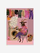 Goat reading book beside washing machine with steam and hanging laundry, pink background