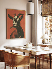 Goat smoking cigar poster with white, black, and brown fur against an orange background, exhaling smoke. - Image 2