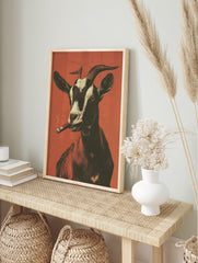 Goat smoking cigar poster with white, black, and brown fur against an orange background, exhaling smoke. - Image 4