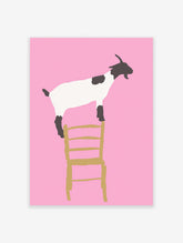 Minimalist illustration of a black and white goat standing on a gold chair against a vibrant pink background. Goat wall art.