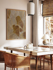 Abstract gold botanical wall art with textured ginkgo leaves and metallic accents on a neutral background. - Image 2