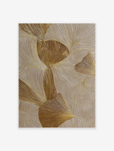 Gold ginkgo leaf abstract botanical wall art print with shimmering metallic lines on a light beige background.