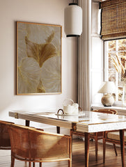 Gold ginkgo leaf wall art with textured metallic lines on a taupe background, modern abstract botanical print. - Image 2