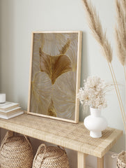 Gold ginkgo leaf wall art with textured metallic lines on a taupe background, modern abstract botanical print. - Image 3