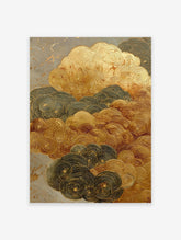 Textured Gold Japanese cloud art print with swirling patterns in gold and dark grey on a distressed background.