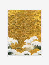 Japanese wave pattern print in gold with white foam crests, Seigaiha style ocean illustration on satin paper