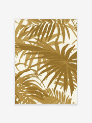 Gold palm leaf tropical botanical wall art print with overlapping foliage on a light background