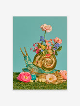 Gold snail vase with pink and blue flowers on teal background, surreal botanical poster