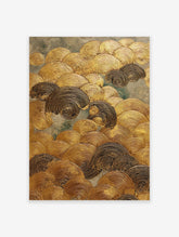 Gold textured wave wall art featuring metallic swirling patterns against a muted grey-green background, showcasing a relief painting style.