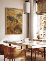 Gold textured wave wall art featuring metallic swirling patterns against a muted grey-green background, showcasing a relief painting style. - Image 2