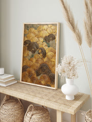 Gold textured wave wall art featuring metallic swirling patterns against a muted grey-green background, showcasing a relief painting style. - Image 3