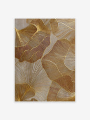Abstract gold ginkgo leaf wall art with textured lines on a neutral background, modern metallic print.